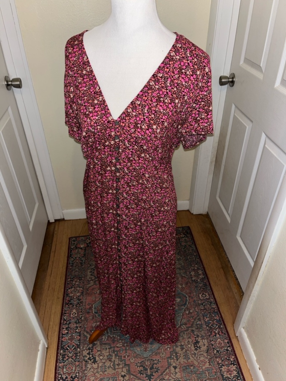 Lucky Brand Pink and Brown Floral V-Neck Dress with laces in back to adjust.
